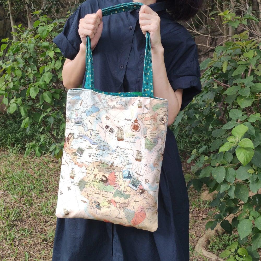 StephyDesignHK "手繪地圖"帆布袋/拉鍊帆布包/帆布提袋/帆布托特包