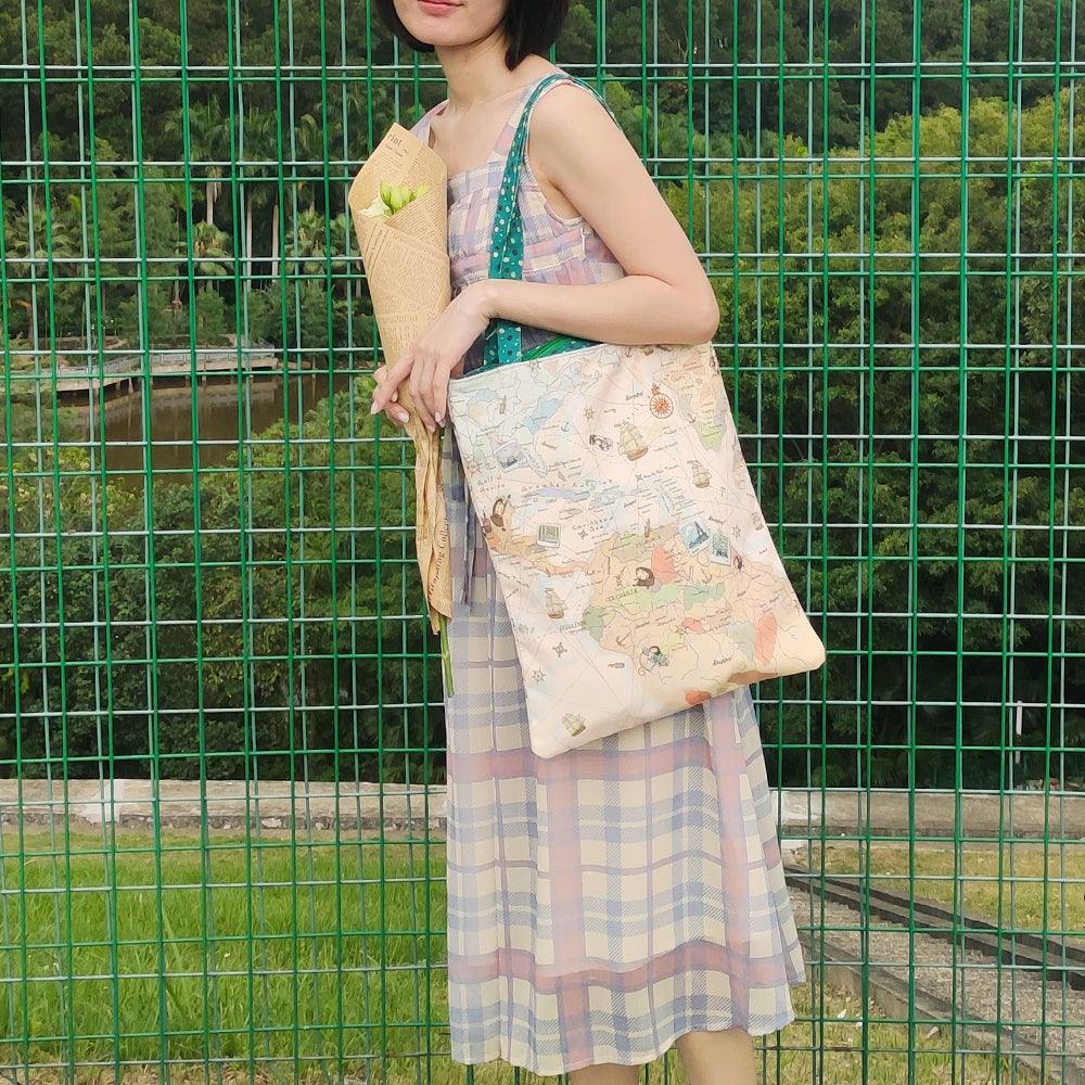 StephyDesignHK "手繪地圖"帆布袋/拉鍊帆布包/帆布提袋/帆布托特包