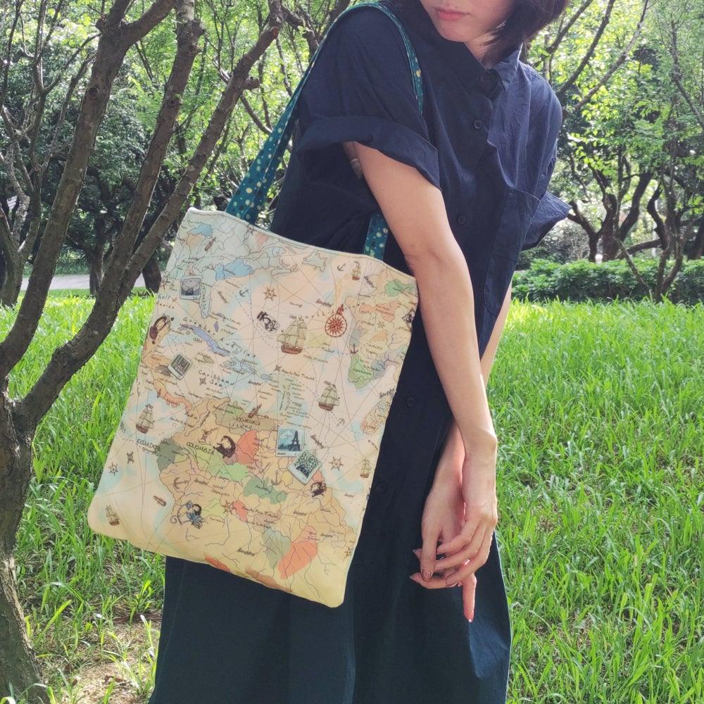 StephyDesignHK "手繪地圖"帆布袋/拉鍊帆布包/帆布提袋/帆布托特包