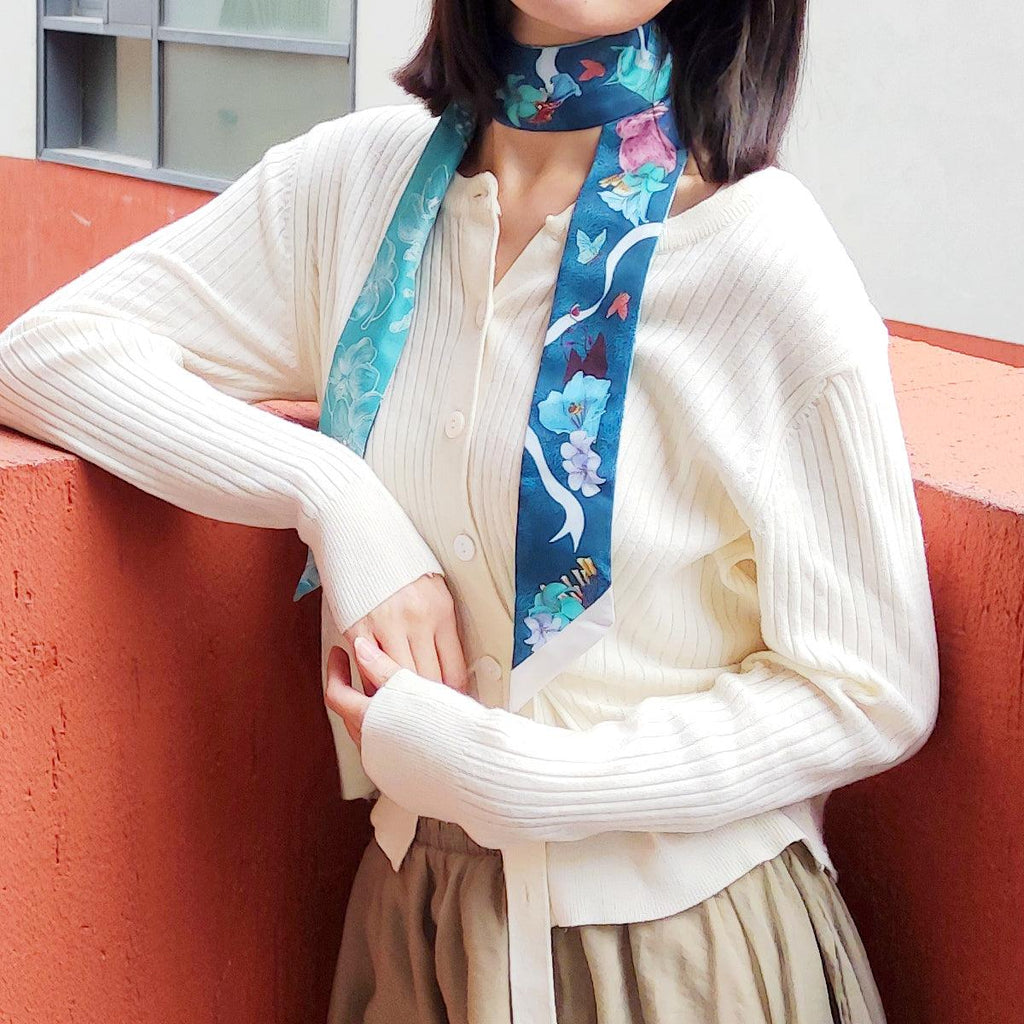StephyDesignHK  森林花園雙面長絲巾配絲巾扣禮盒 /髮帶 / 領巾 / 圍脖絲巾