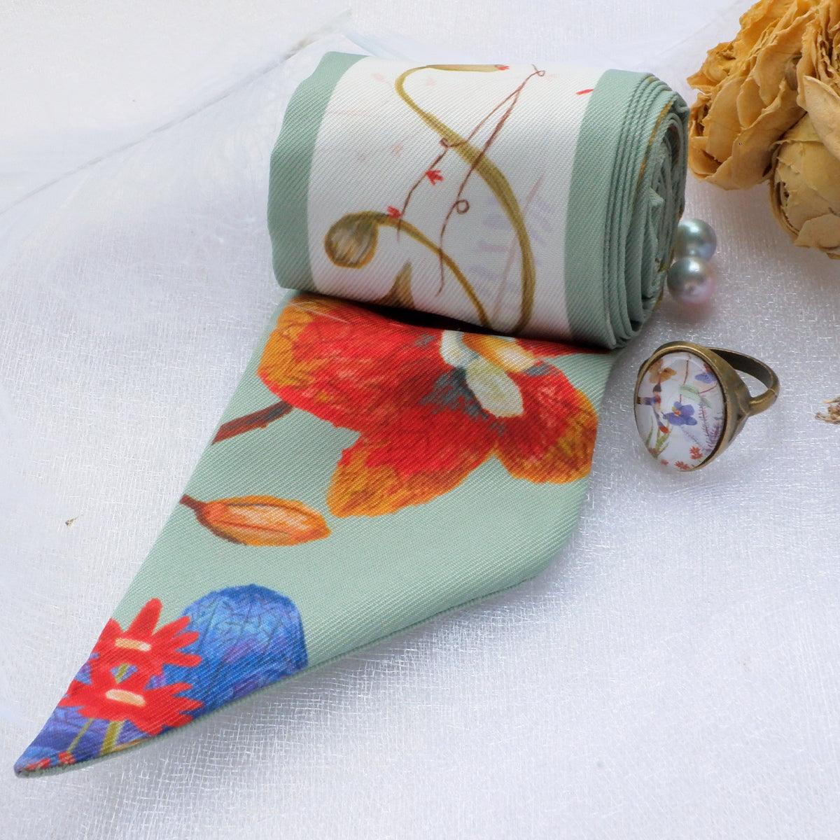 StephyDesignHK  素雅蘭花絲巾飄帶配絲巾扣禮盒 /小圍巾 / 領巾 / 長絲巾/髮帶